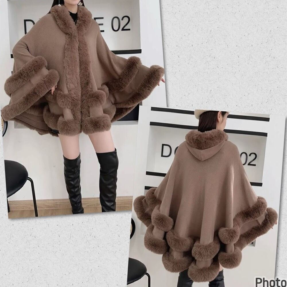 NWT Gorgeous OS Soft Knit Fur Trim Brown Open Hooded Hood Ruana Cape Poncho - Picture 10 of 13